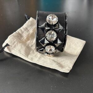 Vintage Black Metal Art Deco Studded Cuff Bracelet w Crystals and Storage Pouch